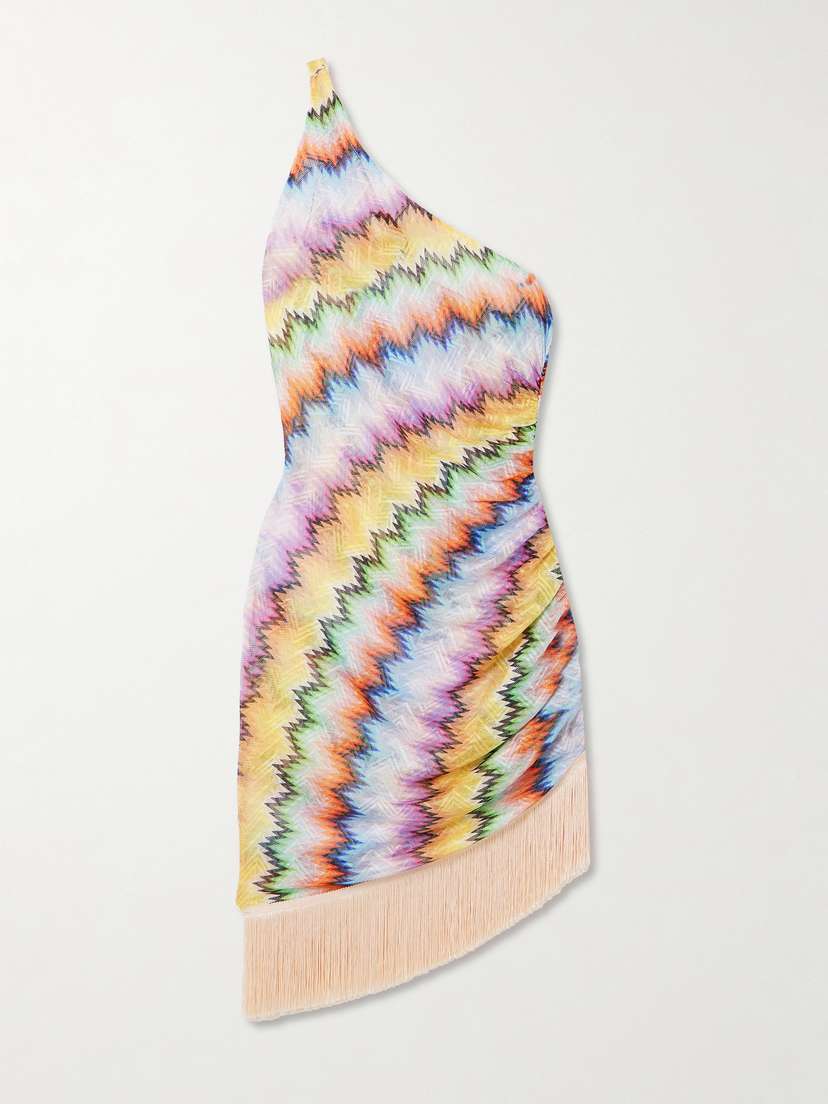 Missoni One-shoulder Fringed Printed Tulle Mini Dress