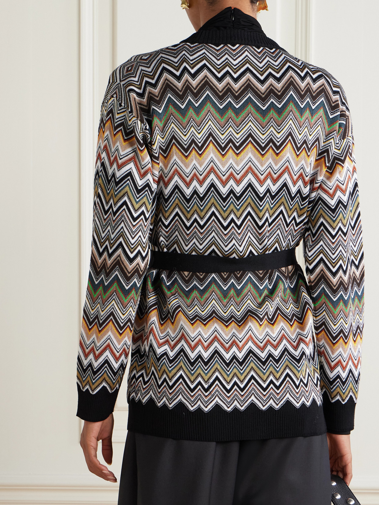 Missoni Relaxed Fit Cardigan With Belt And Chevron Pattern In Black