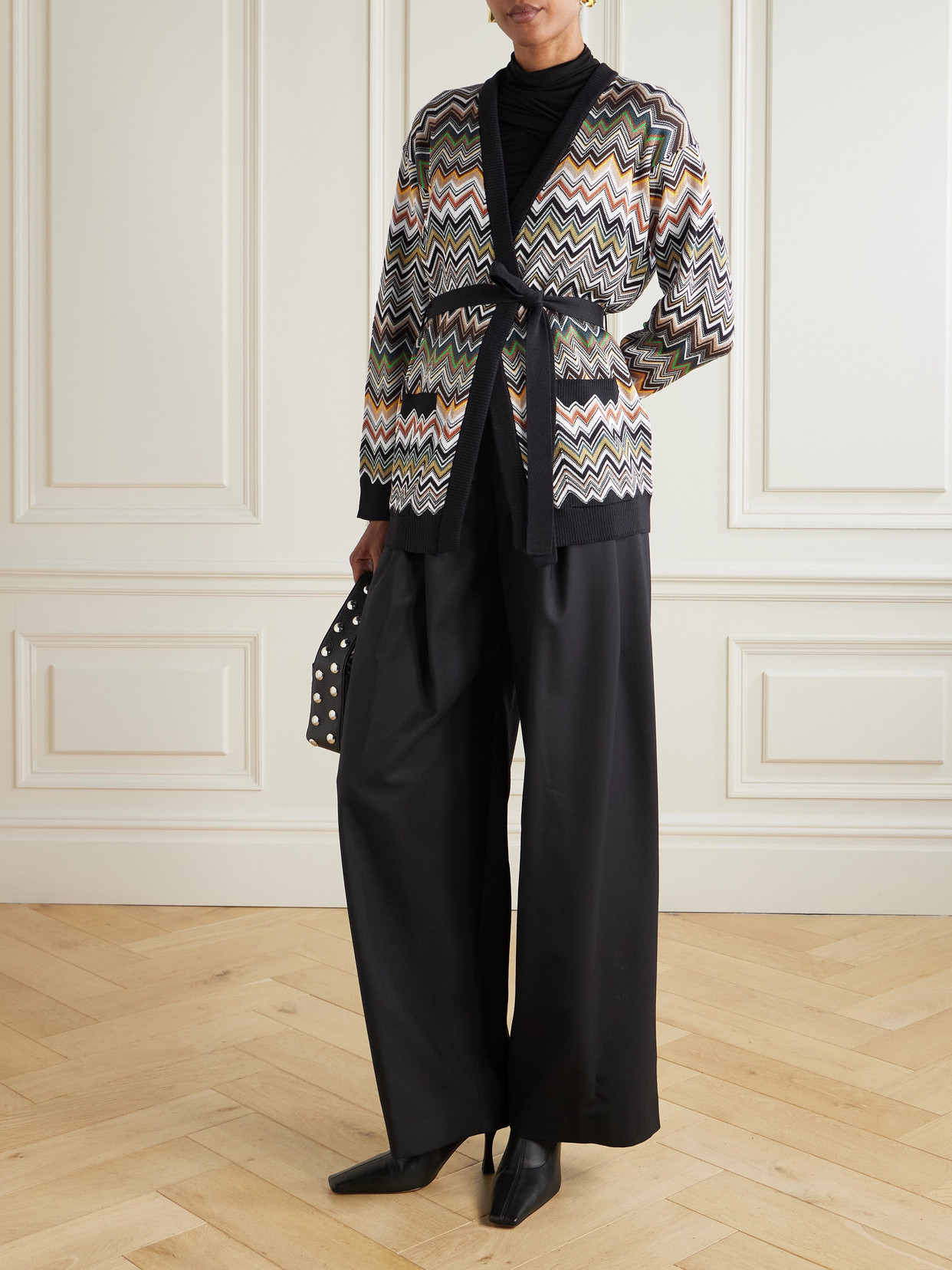 Missoni Relaxed Fit Cardigan With Belt And Chevron Pattern In Black