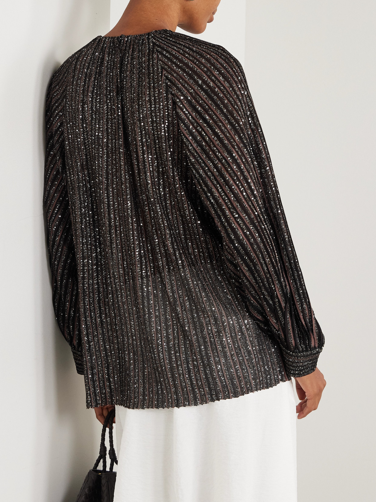 Sequin-Embellished Striped Metallic Crochet-Knit Blouse
