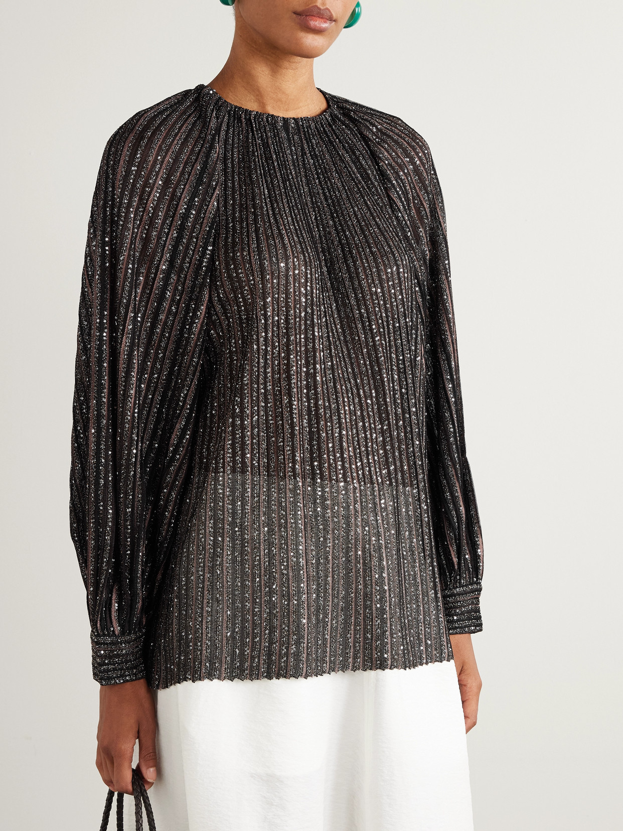 Sequin-Embellished Striped Metallic Crochet-Knit Blouse