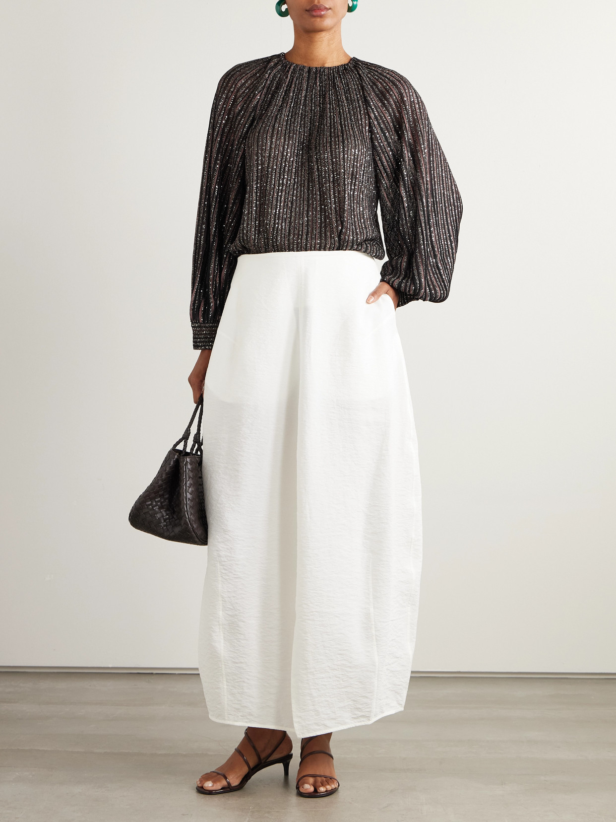 Sequin-Embellished Striped Metallic Crochet-Knit Blouse