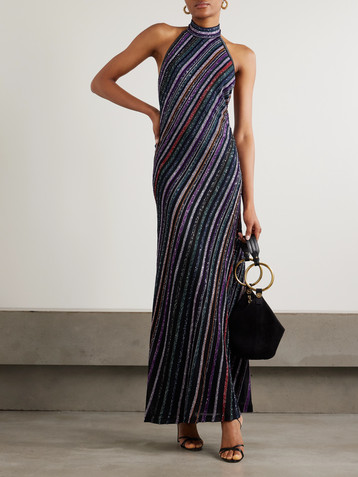 Missoni Sequined striped crochet-knit halterneck maxi dress