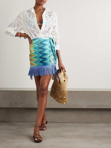 Missoni Fringed printed crochet-knit mini wrap skirt