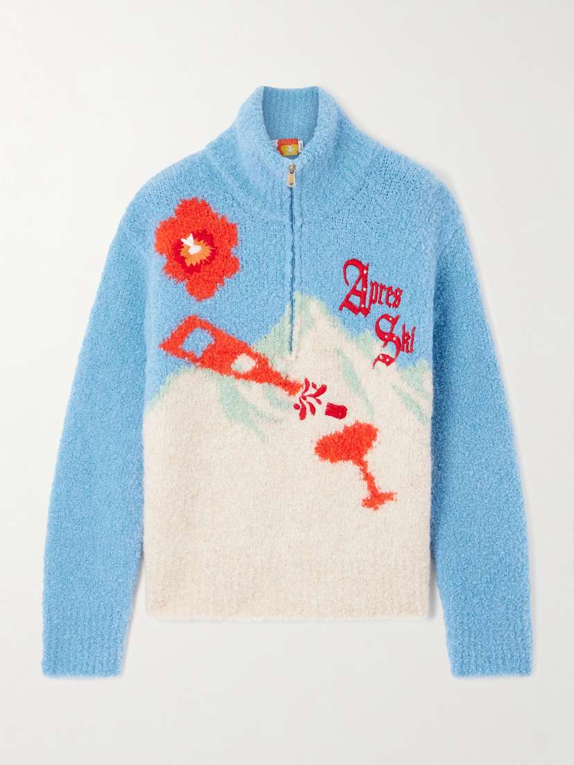 We Norwegians + Markarian Embroidered Bouclé Half-zip Sweater