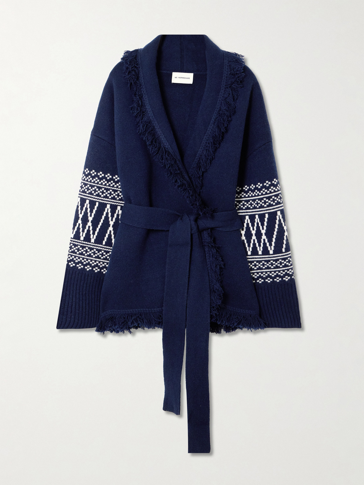 We Norwegians Setesdal Belted Fringed Intarsia-knit Merino Wool And Cashmere-blend Cardigan In Blue