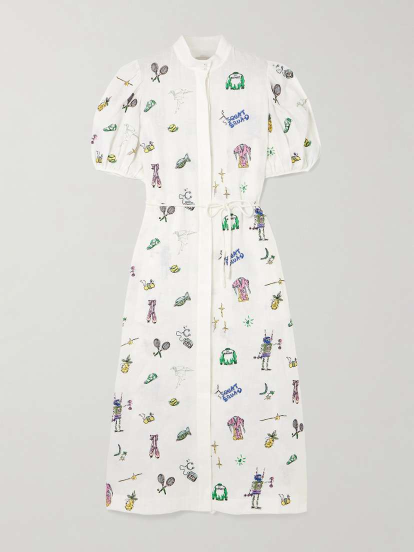 ALEMAIS + Anouk Colantoni Play Belted Embroidered Linen-gauze Midi Shirt Dress