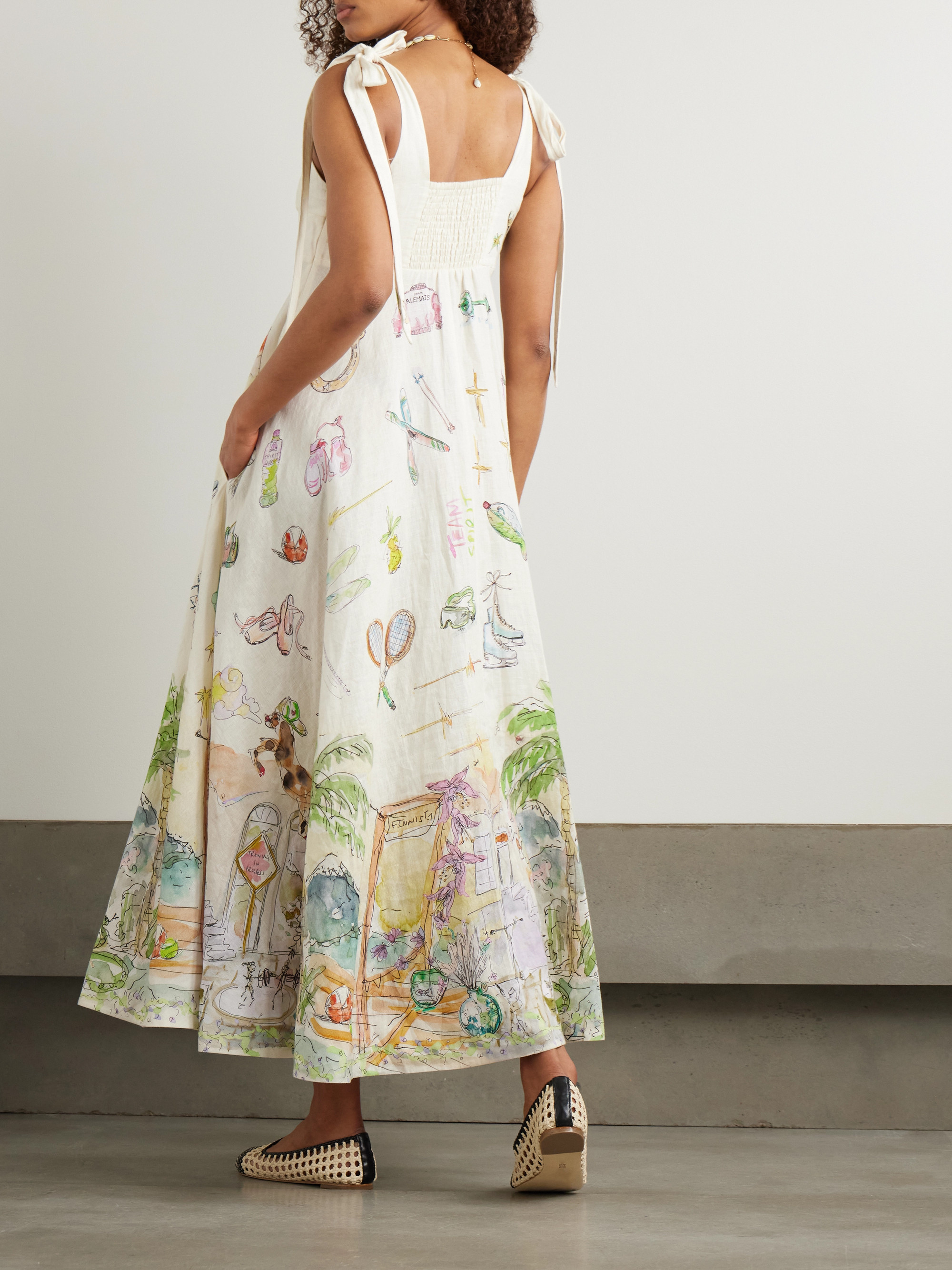 Alémais + Anouk Colantoni Ballet tie-detailed printed shirred linen dress thumbnail