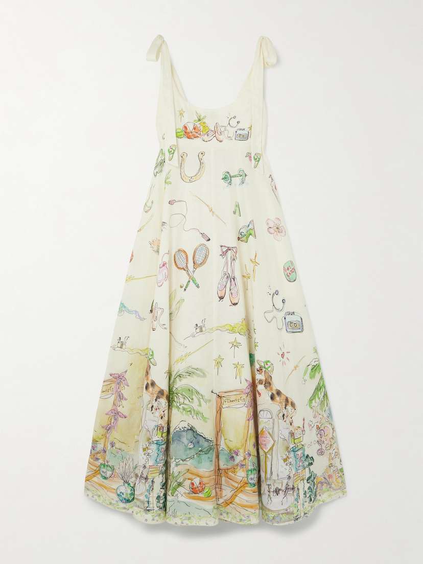 ALEMAIS + Anouk Colantoni Ballet Tie-detailed Printed Shirred Linen Dress