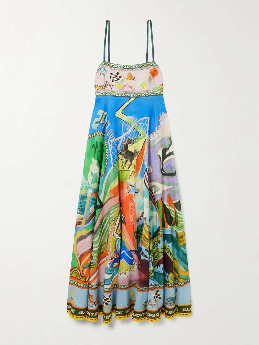 ALEMAIS Lucky Pace Printed Shirred Linen Dress