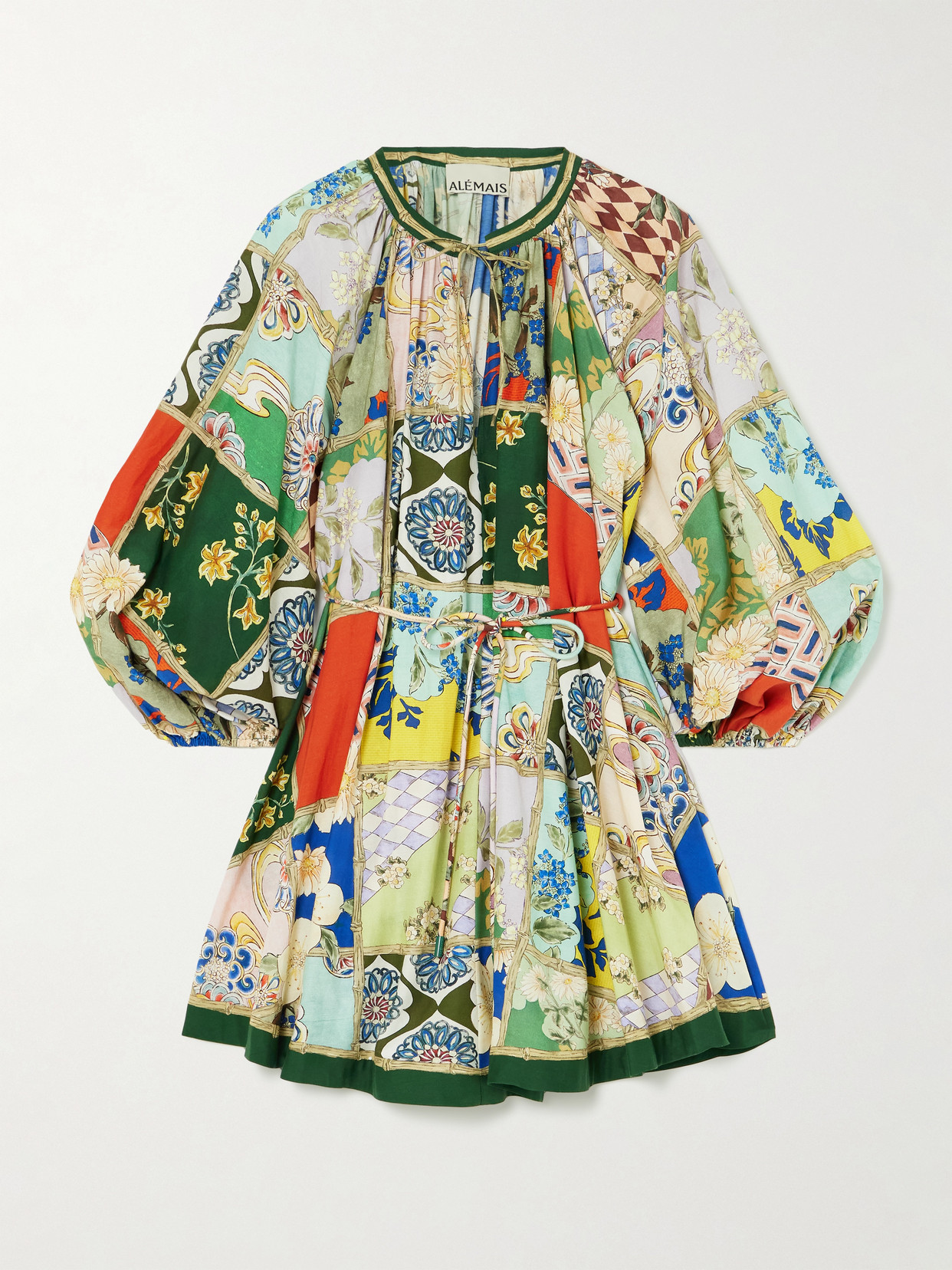 Alemais Bianca Belted Gathered Printed Cotton And Silk-blend Voile Mini Dress In Multi