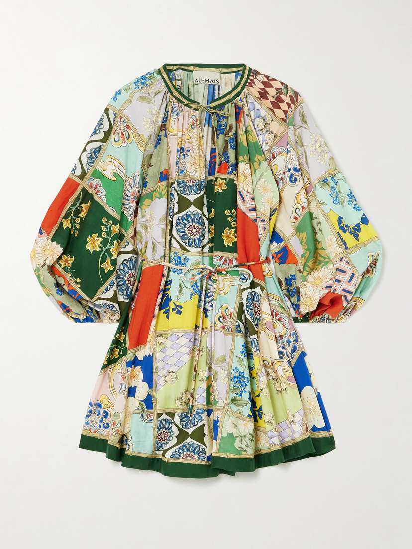 ALEMAIS Bianca Belted Gathered Printed Cotton And Silk-blend Voile Mini Dress