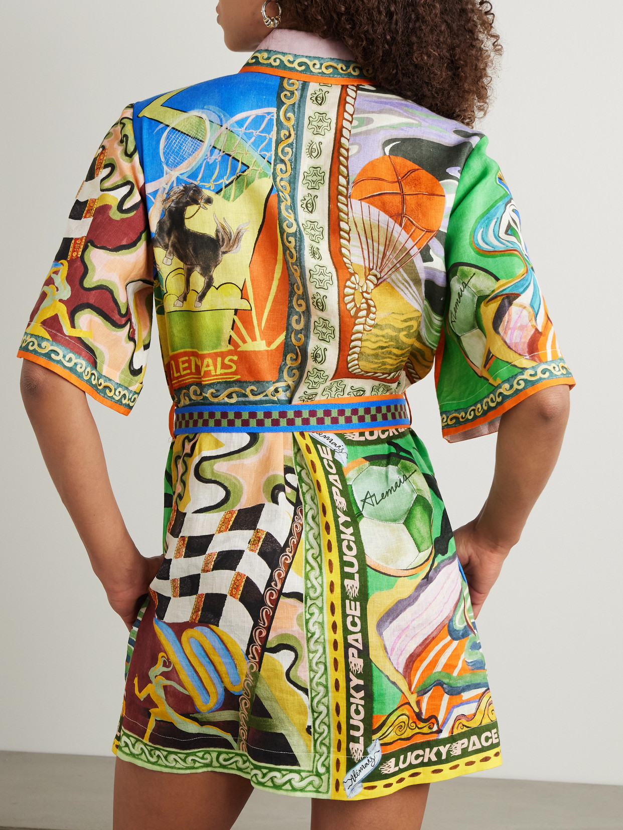Shop Alemais Lucky Pace Belted Printed Linen-gauze Mini Shirt Dress