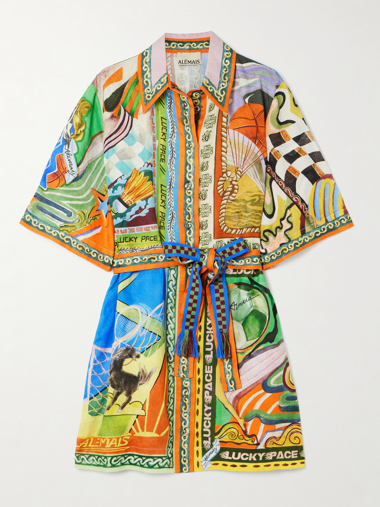 Alemais Lucky Pace Belted Printed Linen-gauze Mini Shirt Dress