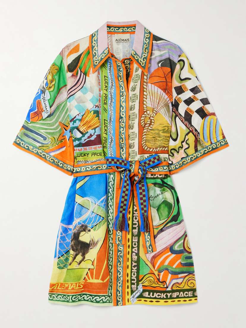 ALEMAIS Lucky Pace Belted Printed Linen-gauze Mini Shirt Dress