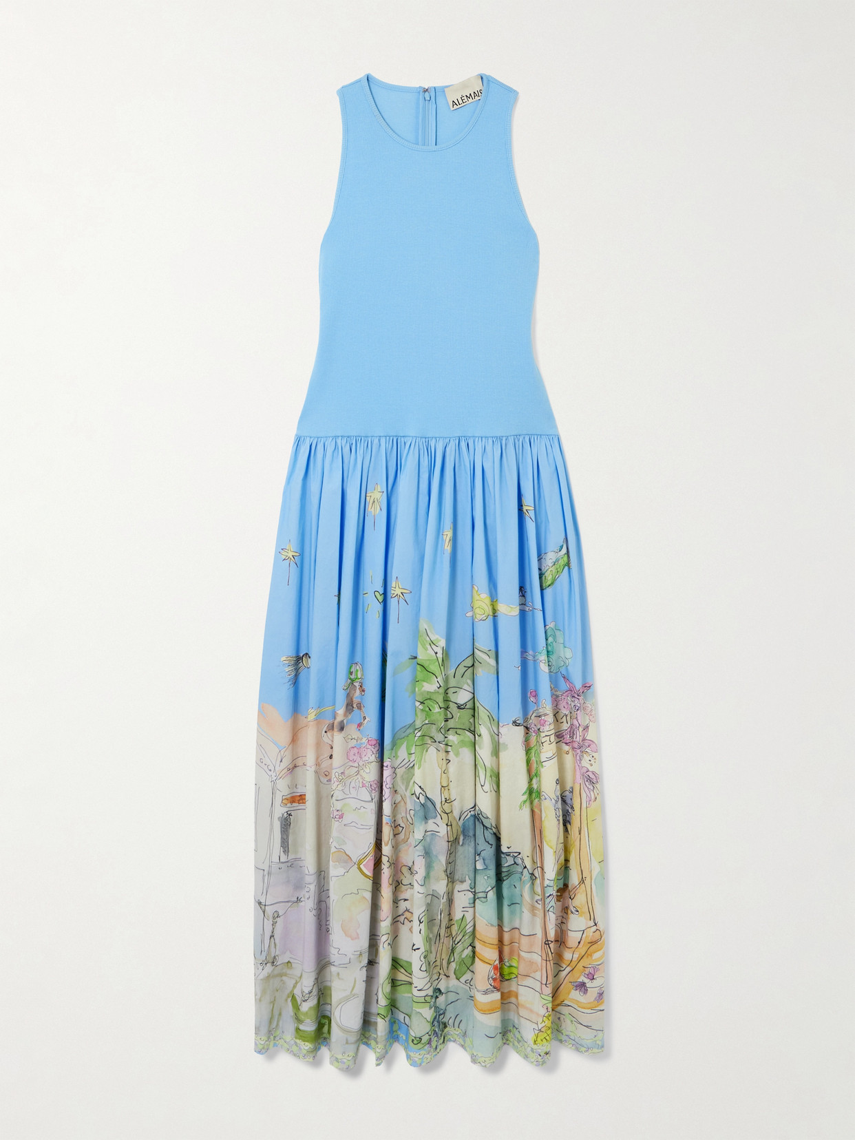 Alemais + Anouk Colantoni Ribbed Organic Cotton-jersey And Printed Organic Cotton-poplin Midi Dress