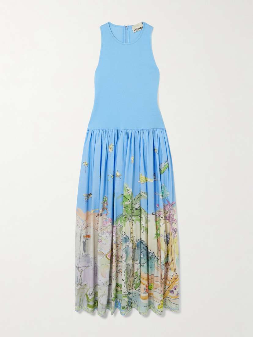 ALEMAIS + Anouk Colantoni Ribbed Organic Cotton-jersey And Printed Organic Cotton-poplin Midi Dress