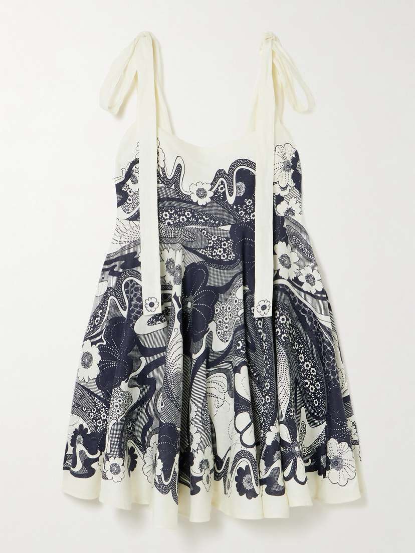 ALEMAIS Mickey Tie-detailed Shirred Floral-print Linen-gauze Mini Dress