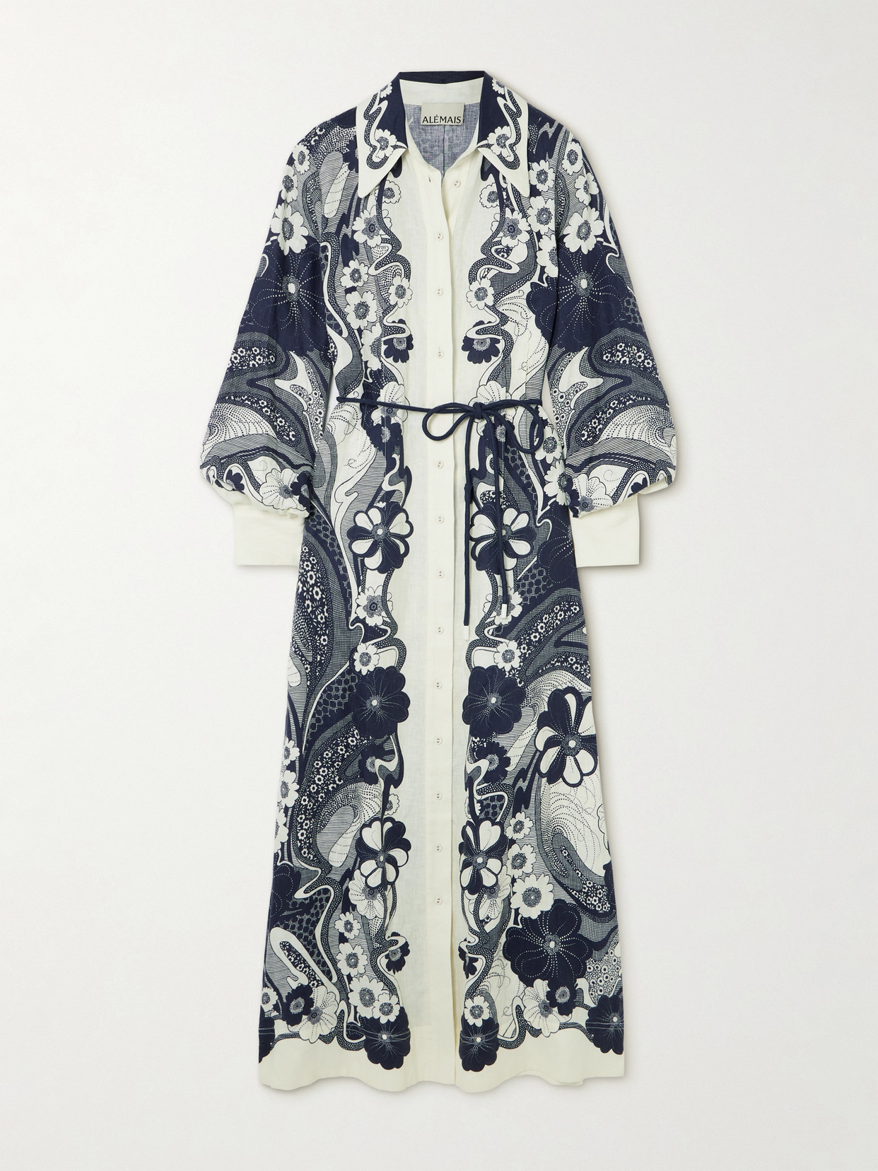 Alemais Mickey Belted Printed Linen-gauze Maxi Shirt Dress