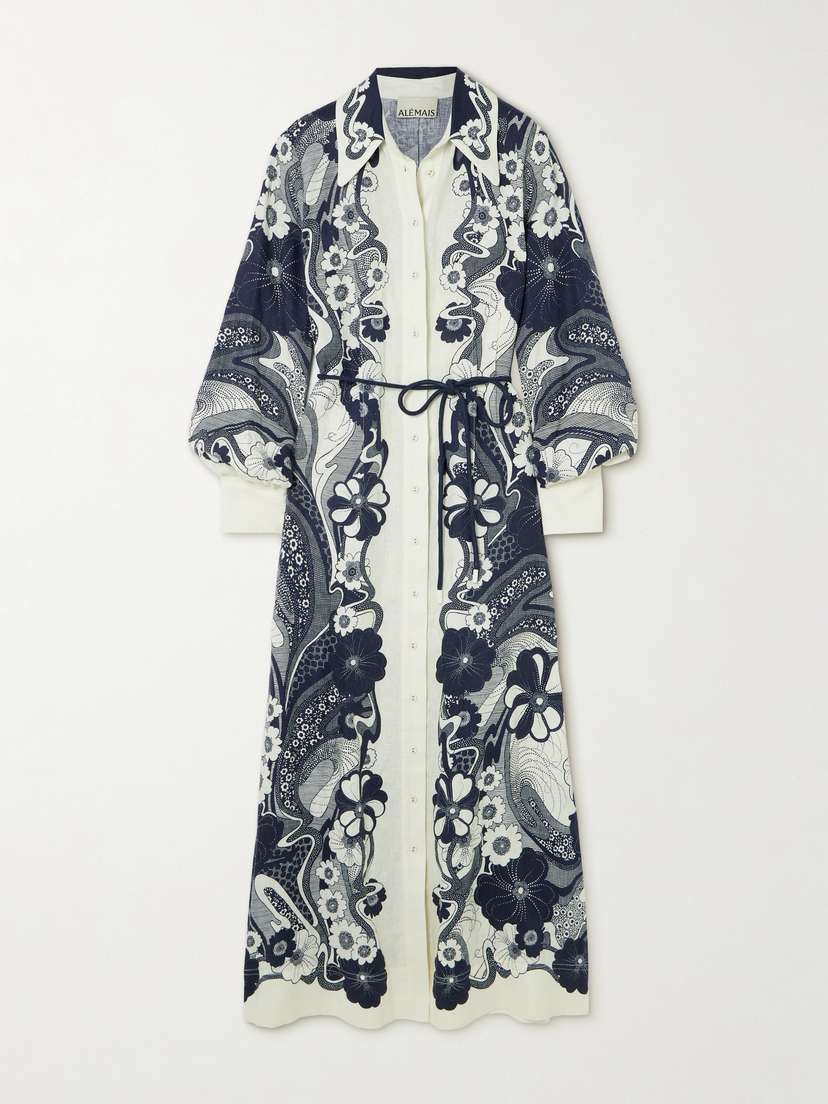 ALEMAIS Mickey Belted Printed Linen-gauze Maxi Shirt Dress