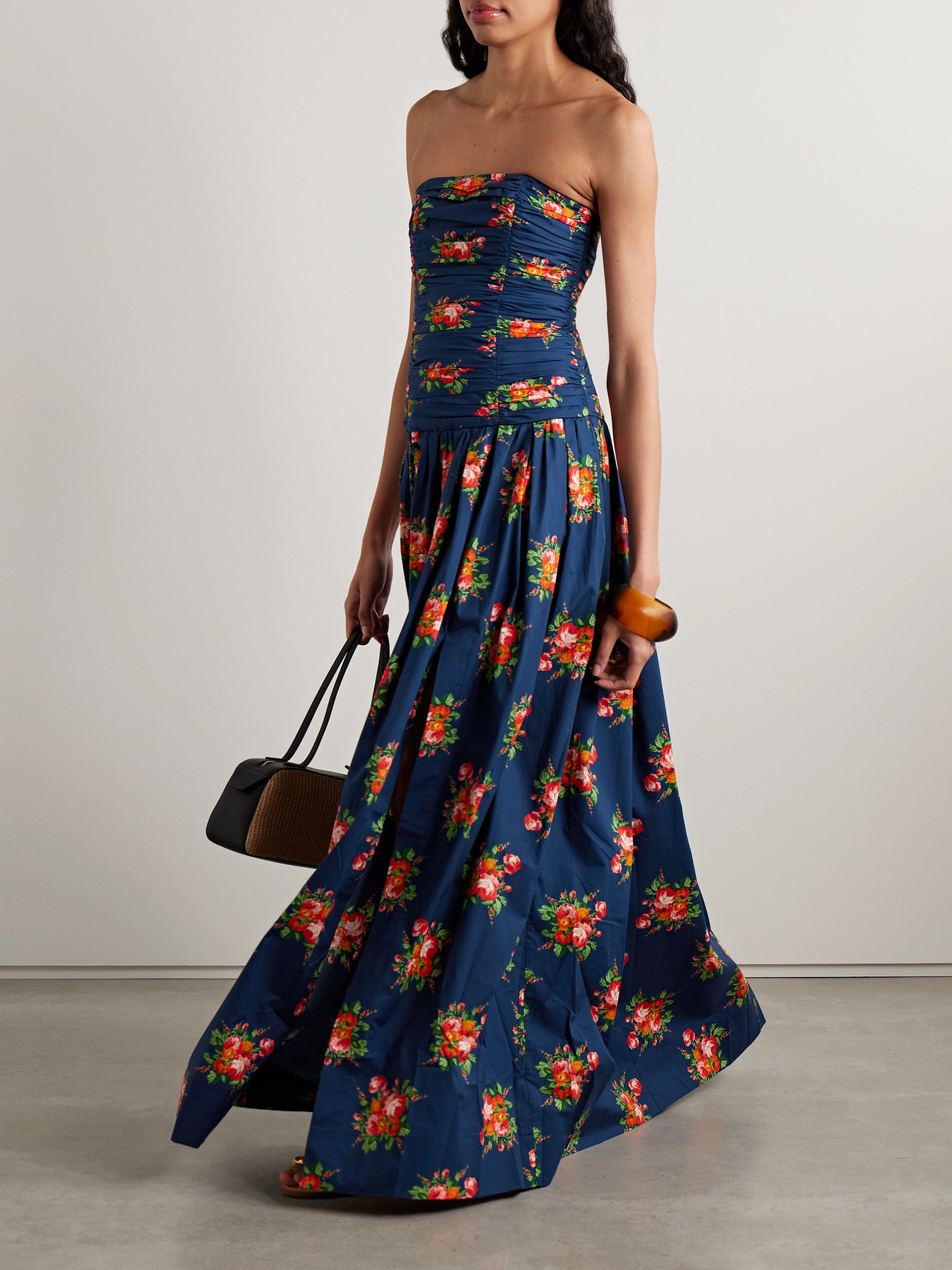 Cara Cara Montreal Strapless Pleated Floral-print Cotton-poplin Maxi Dress