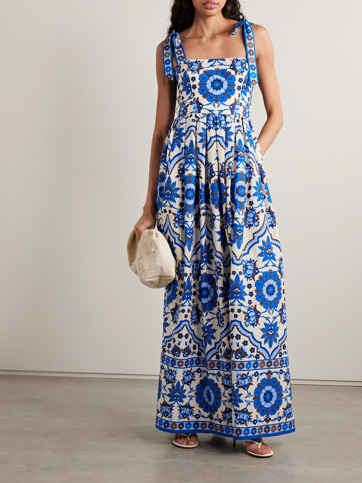 Cara Cara Tula Pleated Printed Cotton-poplin Maxi Dress In Blue