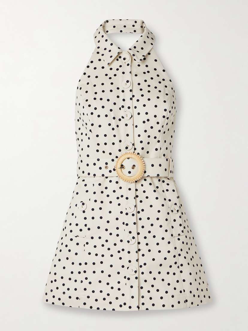 Cara Cara Parker Belted Polka-dot Denim Halterneck Mini Dress