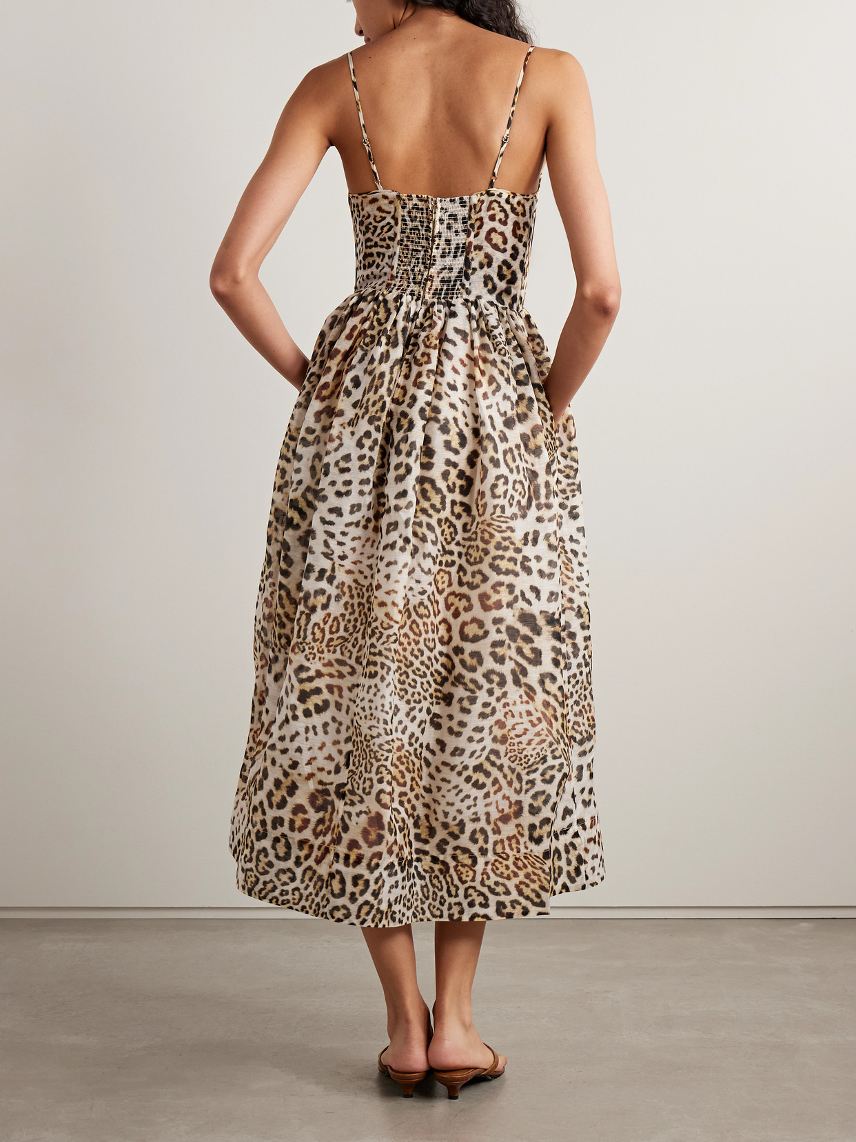 Cara Cara Alba Gathered Leopard-print Linen And Silk-blend Organza Midi Dress In Multi