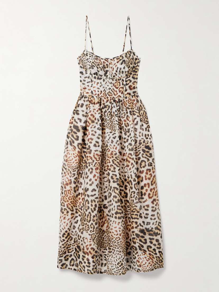 Cara Cara Alba Gathered Leopard-print Linen And Silk-blend Organza Midi Dress