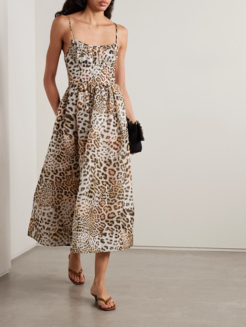 Cara Cara Alba gathered leopard-print linen and silk-blend organza midi dress