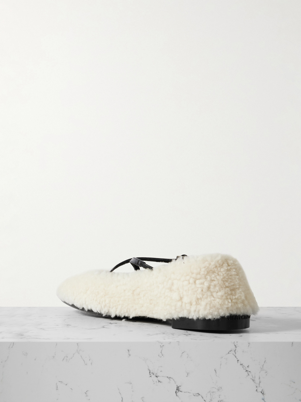 Jimmy Choo Eleri Embellished Patent Leather-trimmed Shearling Ballet Flats In White