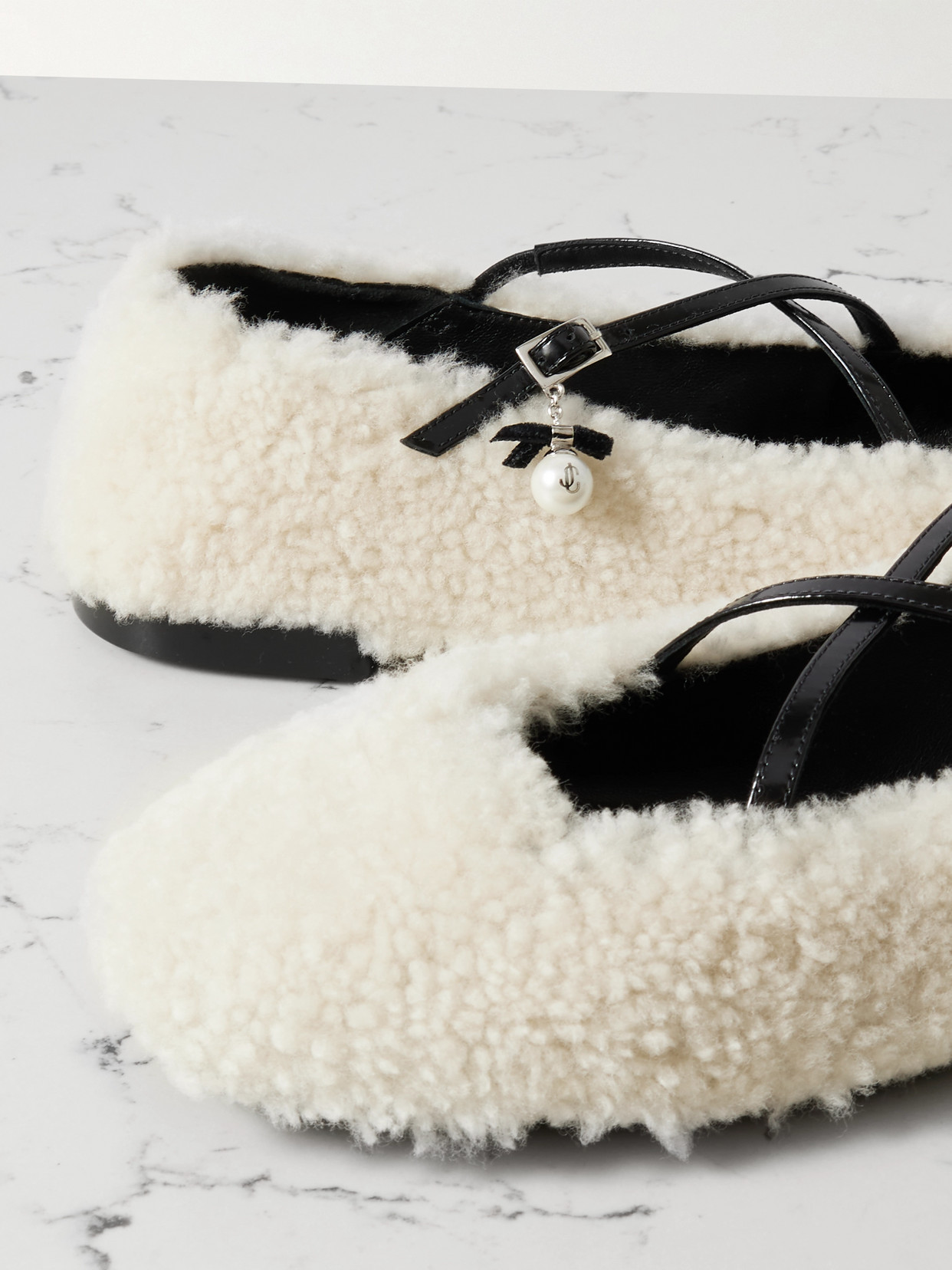 Jimmy Choo Eleri Embellished Patent Leather-trimmed Shearling Ballet Flats In White