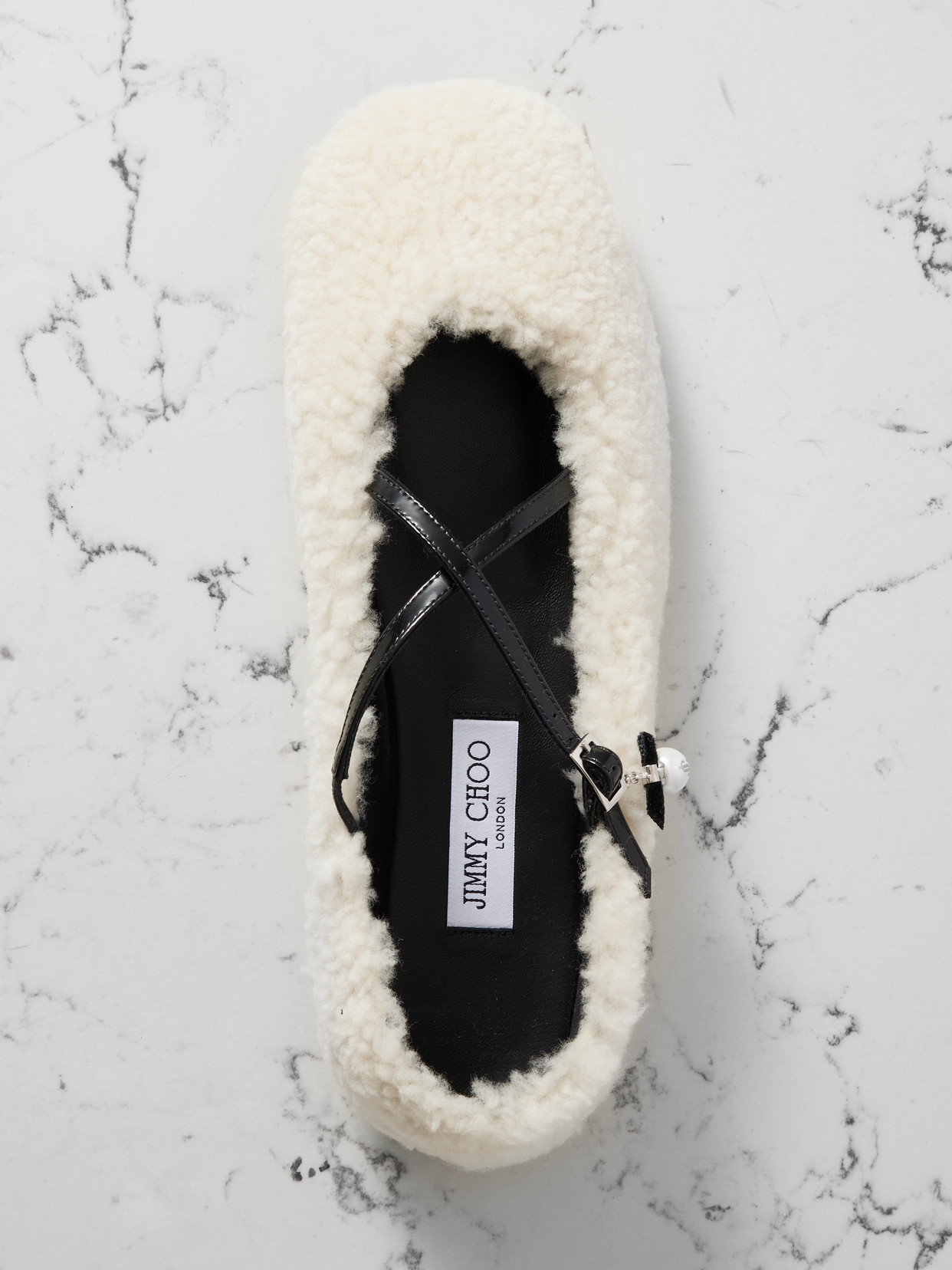 Jimmy Choo Eleri Embellished Patent Leather-trimmed Shearling Ballet Flats In White