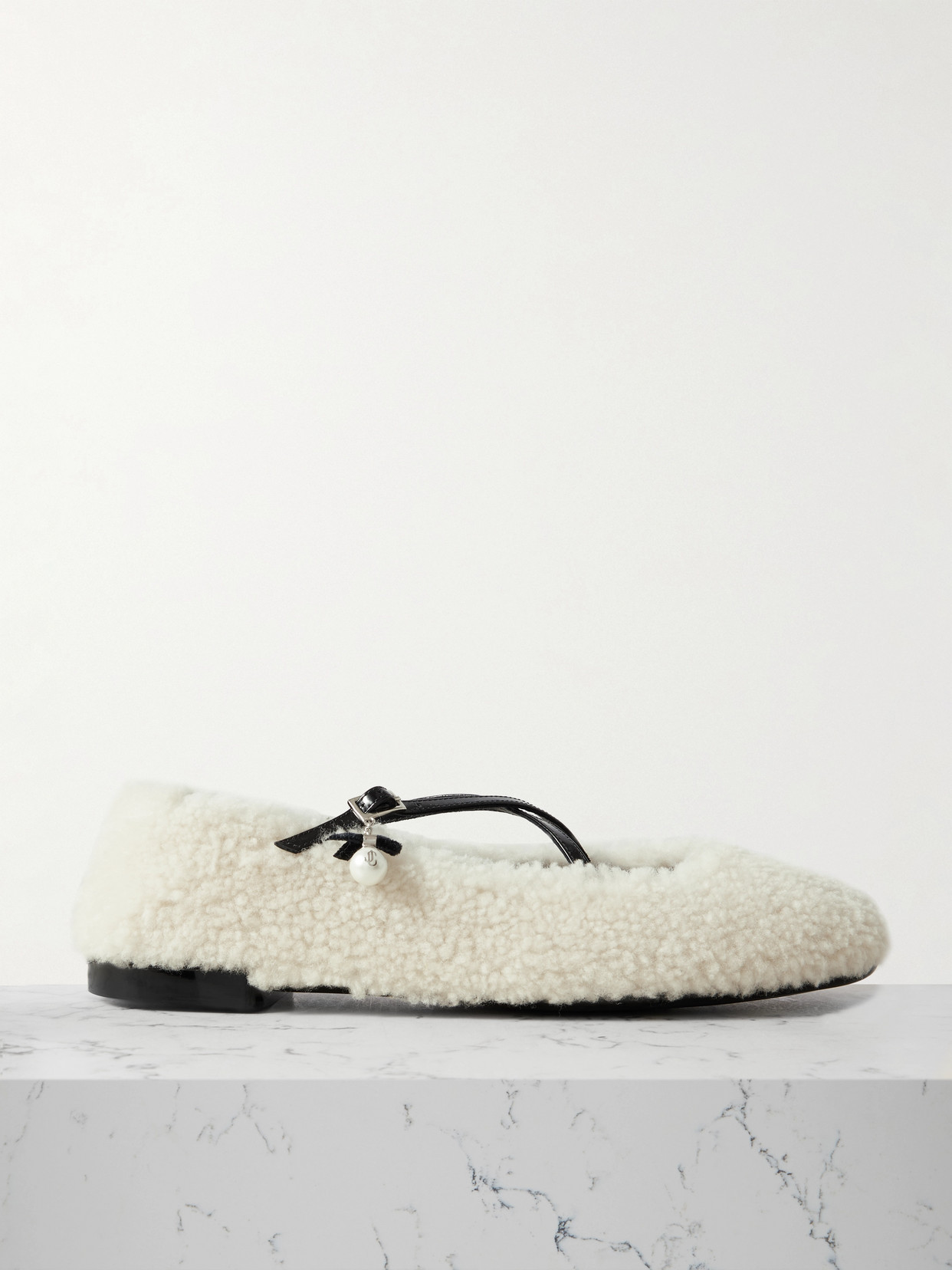 Jimmy Choo Eleri Embellished Patent Leather-trimmed Shearling Ballet Flats In White