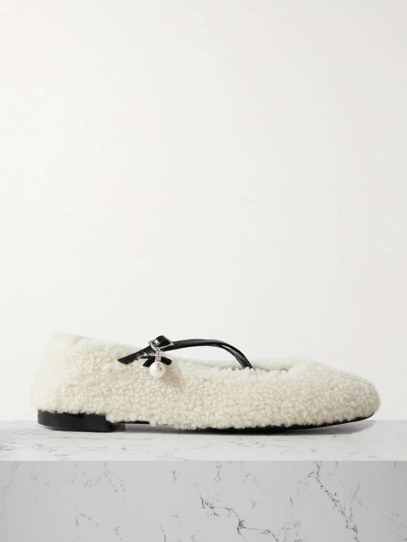 Jimmy Choo Eleri Embellished Patent Leather-trimmed Shearling Ballet Flats