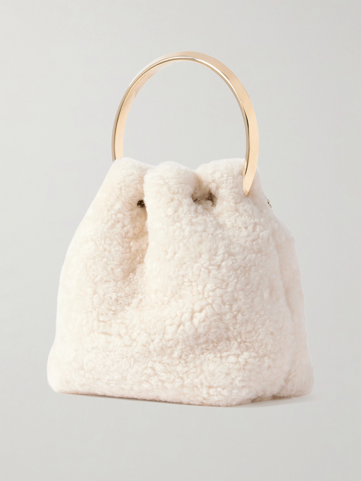 Jimmy Choo Bon Bon Faux Pearl-embellished Shearling Bucket Bag In White