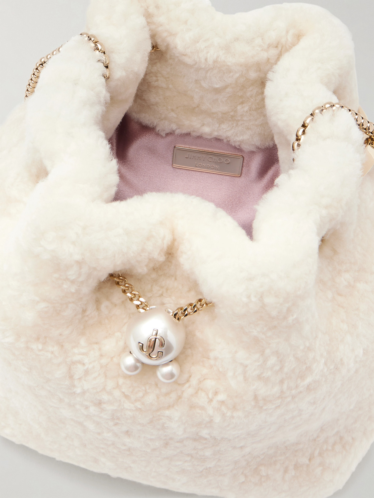 Jimmy Choo Bon Bon Faux Pearl-embellished Shearling Bucket Bag In White