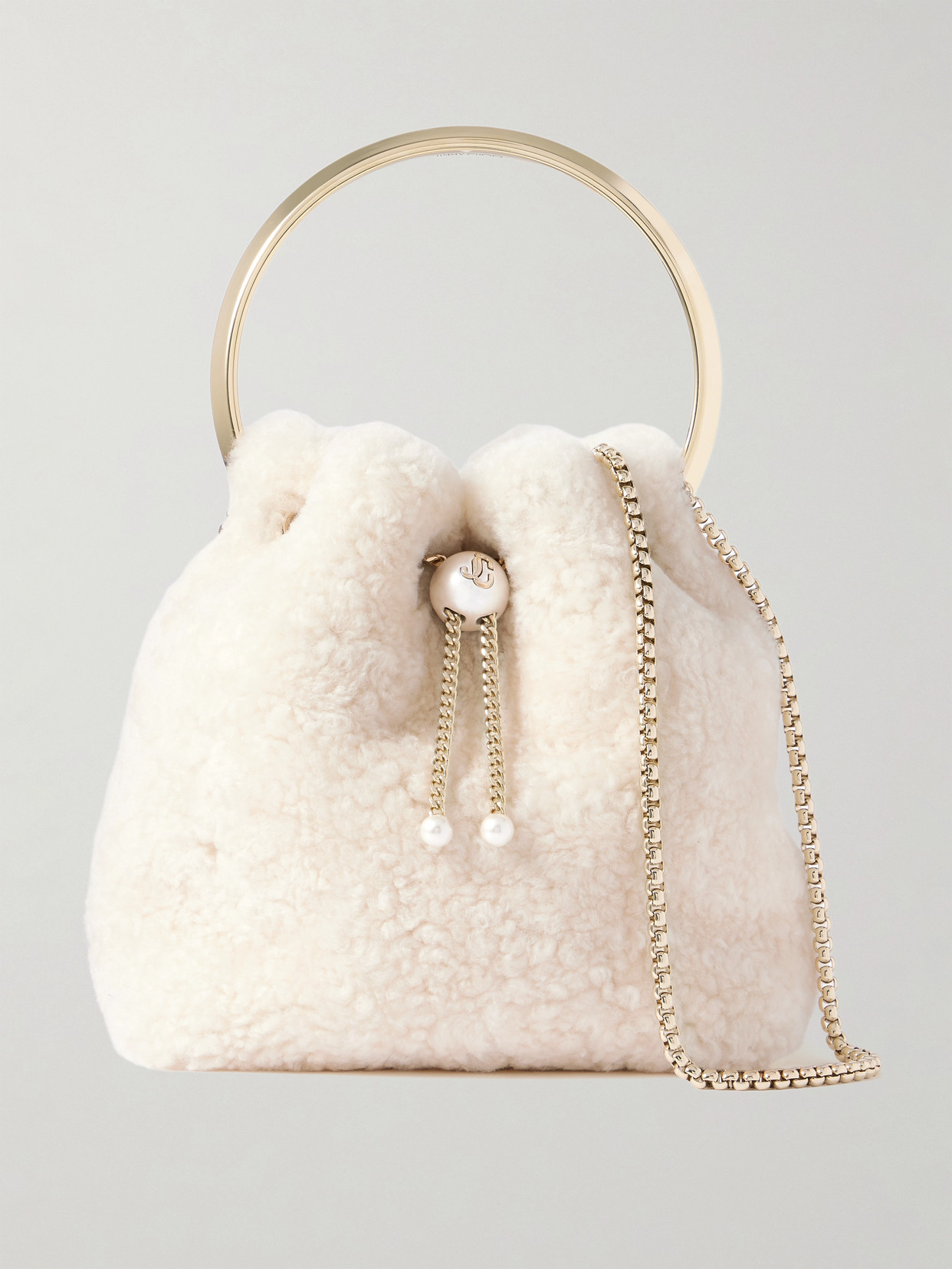 Jimmy Choo Bon Bon Faux Pearl-embellished Shearling Bucket Bag In White