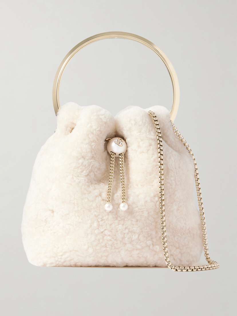 Jimmy Choo Bon Bon Faux Pearl-embellished Shearling Bucket Bag