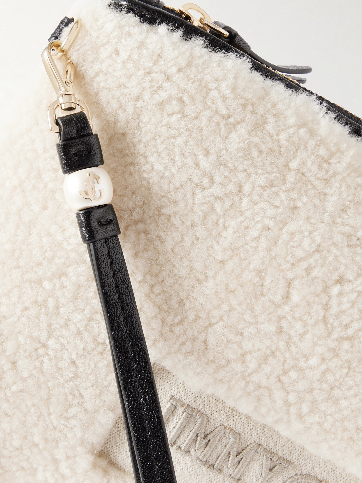 Jimmy Choo Embroidered Leather-trimmed Shearling Clutch In White