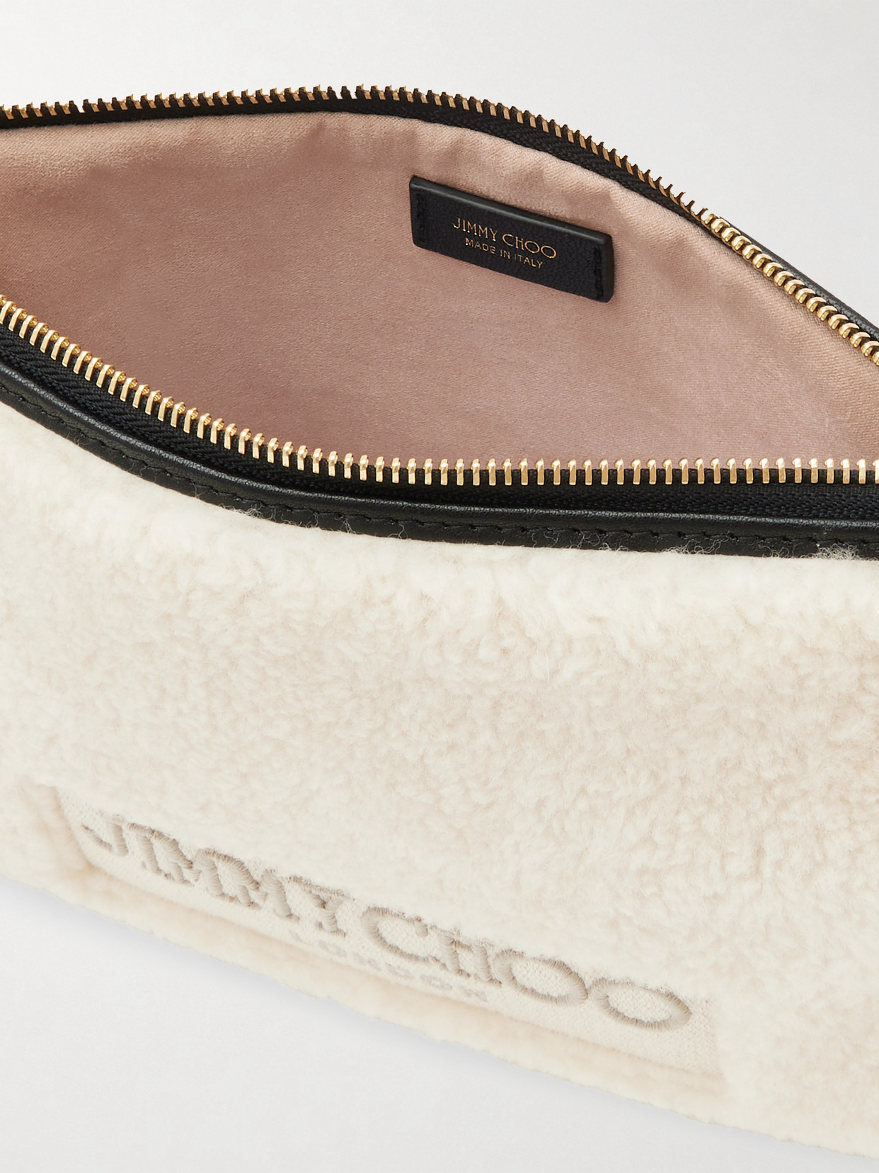 Jimmy Choo Embroidered Leather-trimmed Shearling Clutch In White