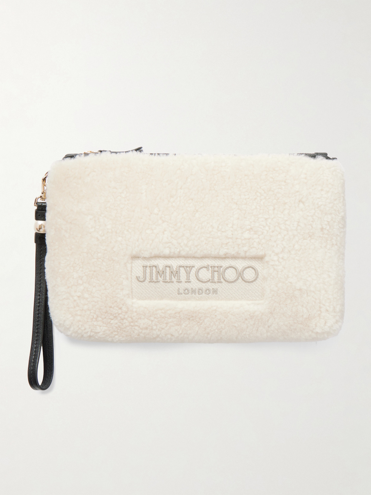 Jimmy Choo Embroidered Leather-trimmed Shearling Clutch In White