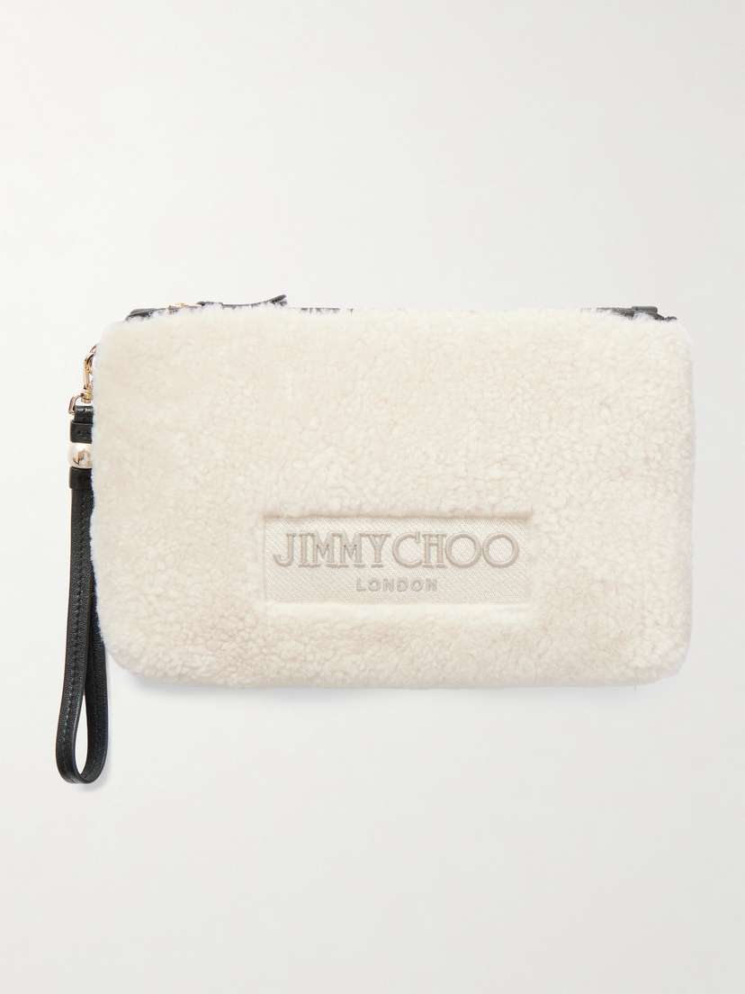 Jimmy Choo Embroidered Leather-trimmed Shearling Clutch