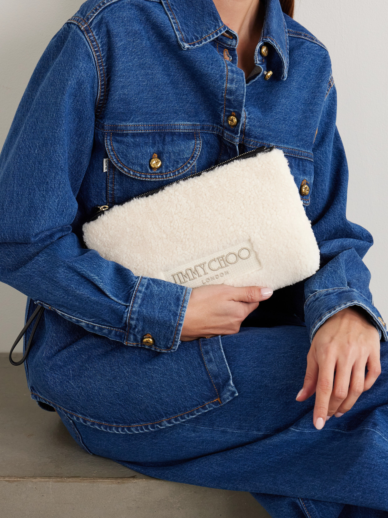Jimmy Choo Embroidered Leather-trimmed Shearling Clutch In White
