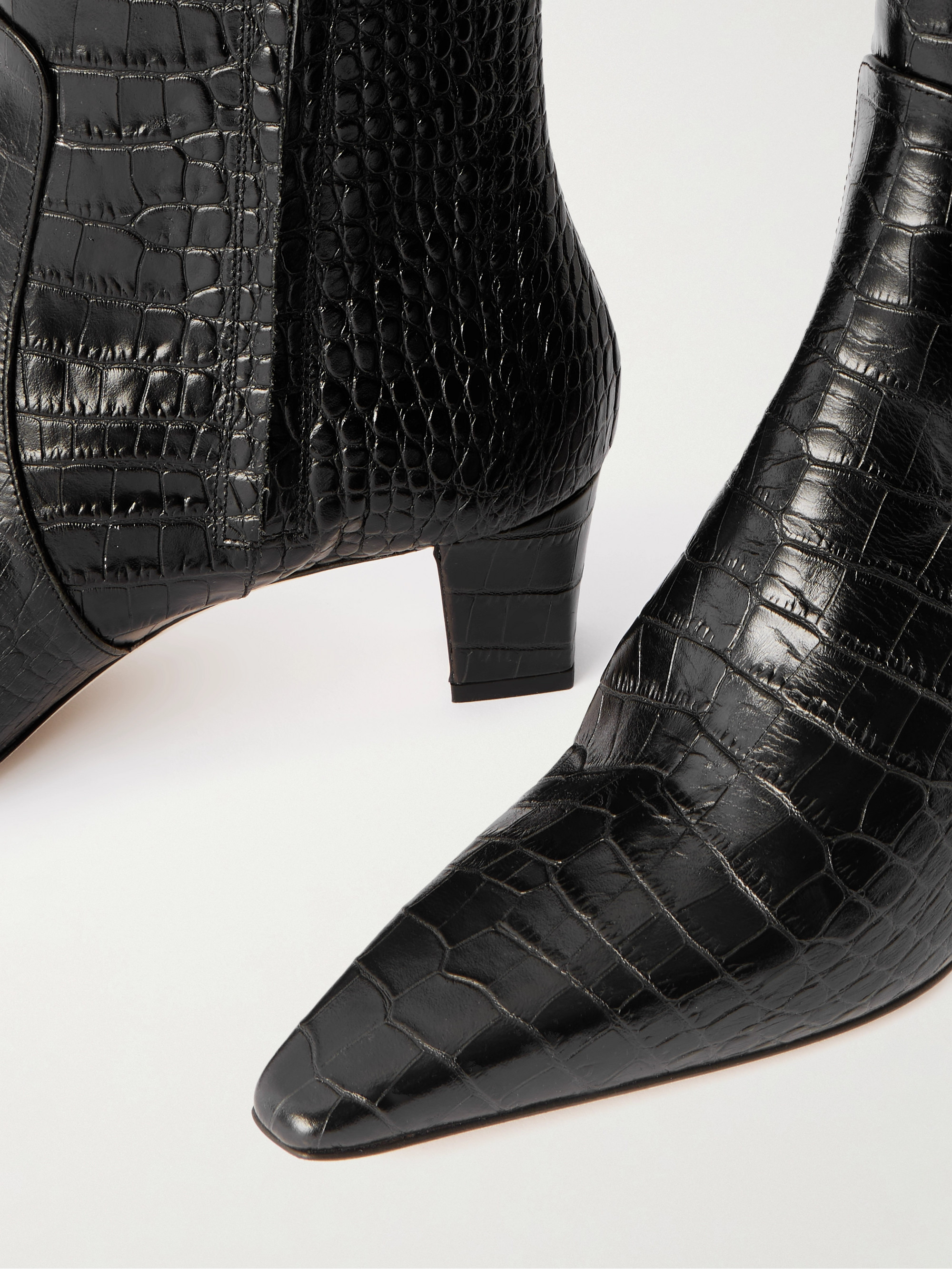 222○① MANOLO BLAHNIK 黒のレザーロングブーツ MANOLO BLAHNIK Penelope 50 croc-effect leather knee boots | NET-A