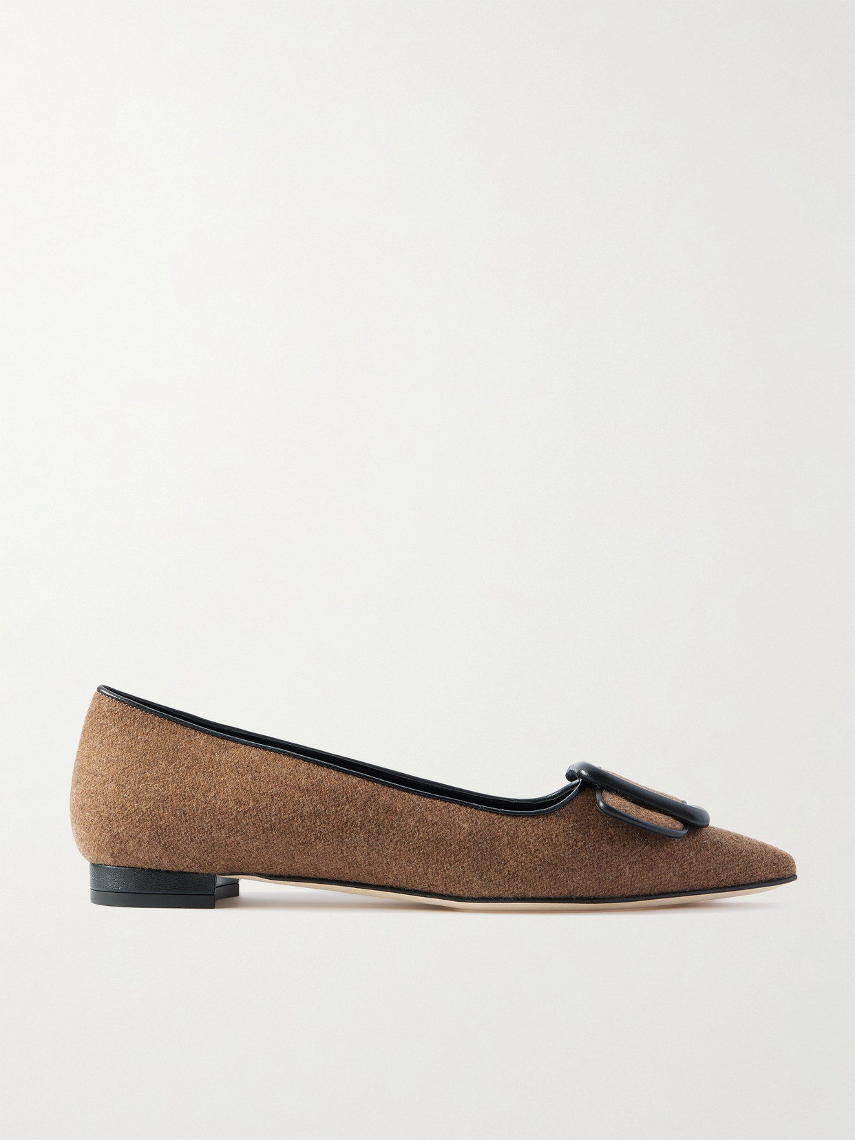 Manolo Blahnik Maysale Buckled Leather-trimmed Wool Point-toe Flats In Brown
