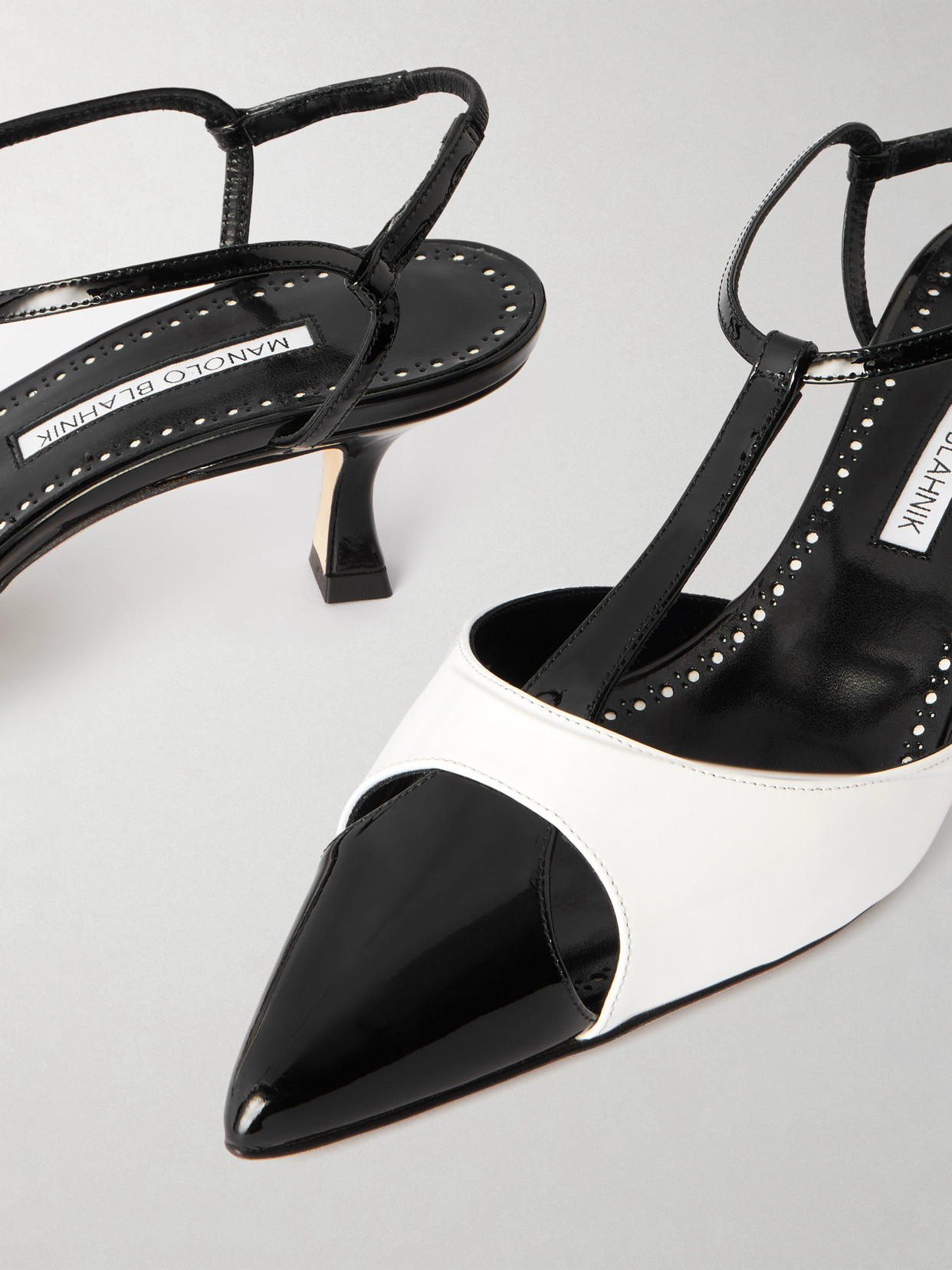 Manolo Blahnik Turgimod Bicolor Patent Leather T-strap Pumps In White