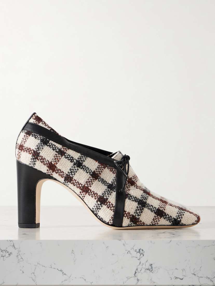 Manolo Blahnik Stagira 90 Leather-trimmed Checked Tweed Pumps