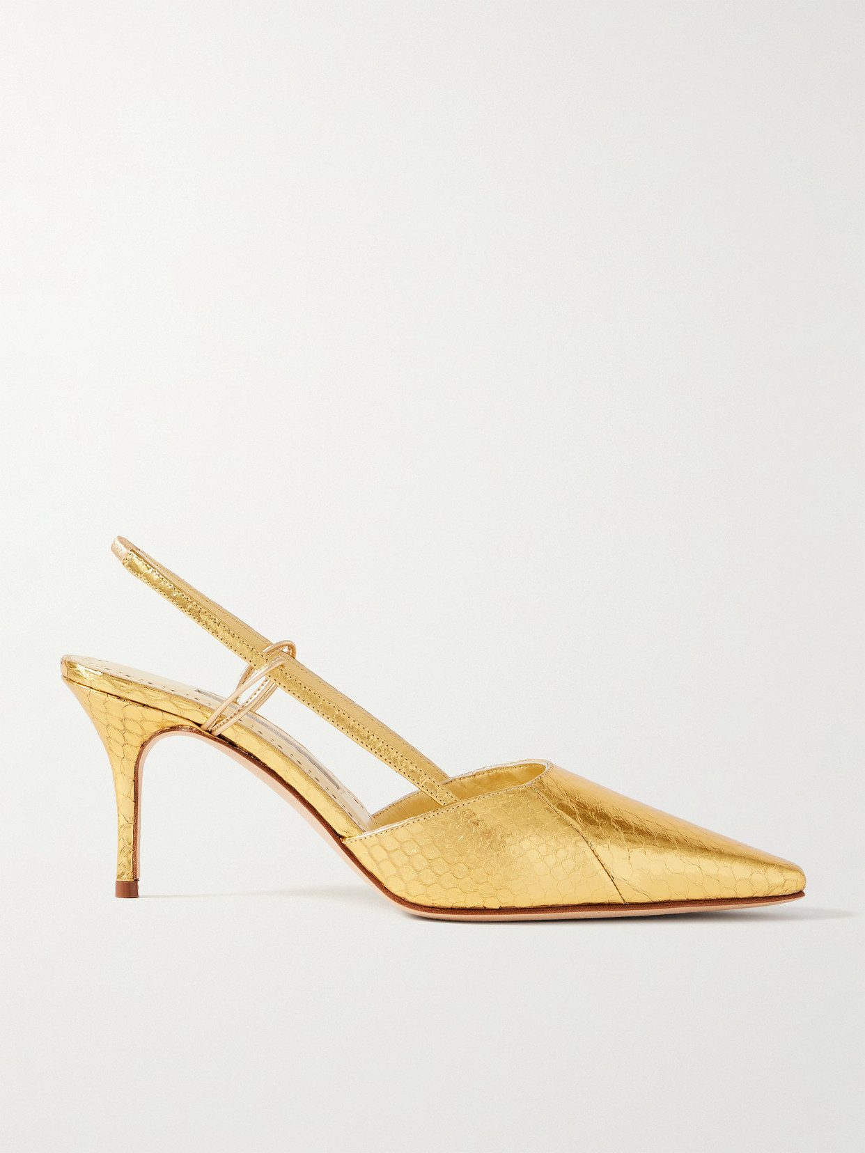 Manolo Blahnik Touki 70 Metallic Elaphe Slingback Pumps In Gold