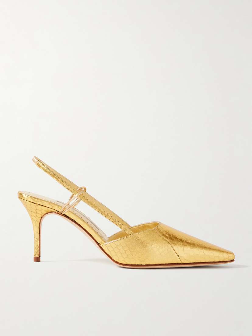 Manolo Blahnik Touki 70 Metallic Elaphe Slingback Pumps